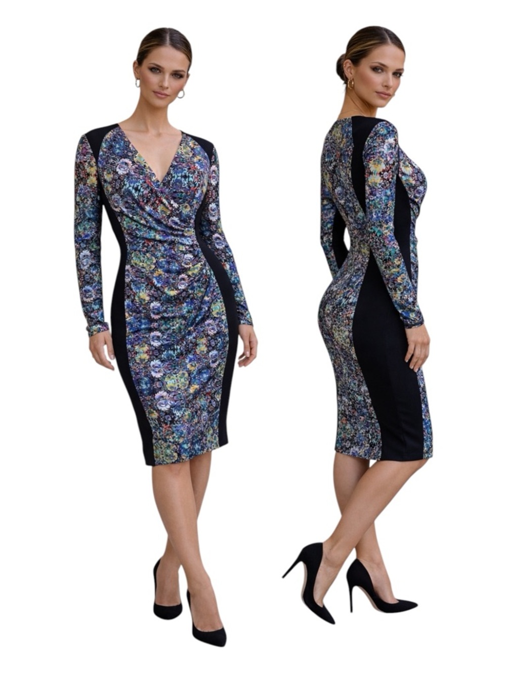 Maggy London Floral Bodycon Sheath Dress Women’s 6 Faux Wrap Hourglass Illusion